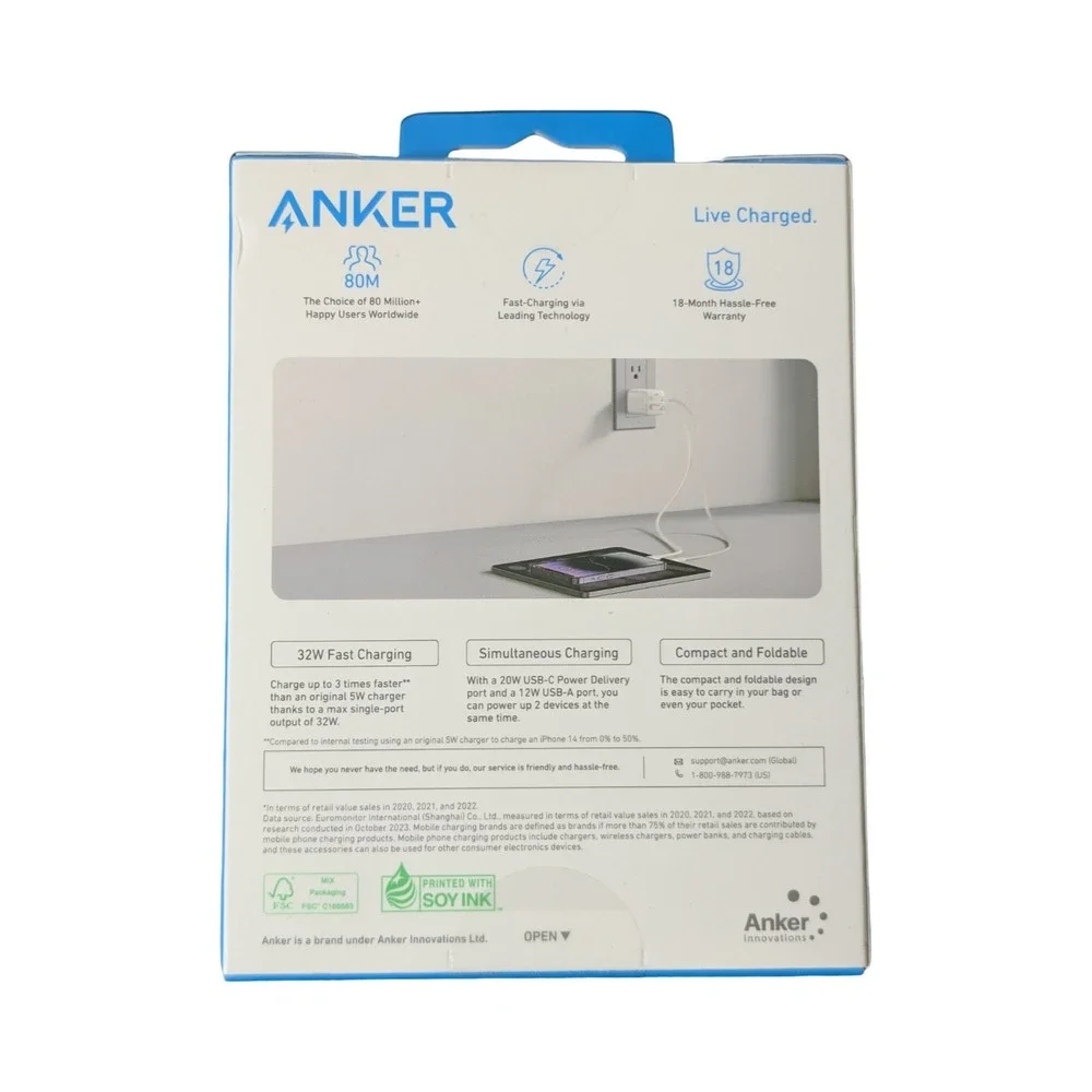 Oo9N Anker 32W 2-Port Wall Charger USB-C + USB-A Fast PD Quick‎ Charge White 323